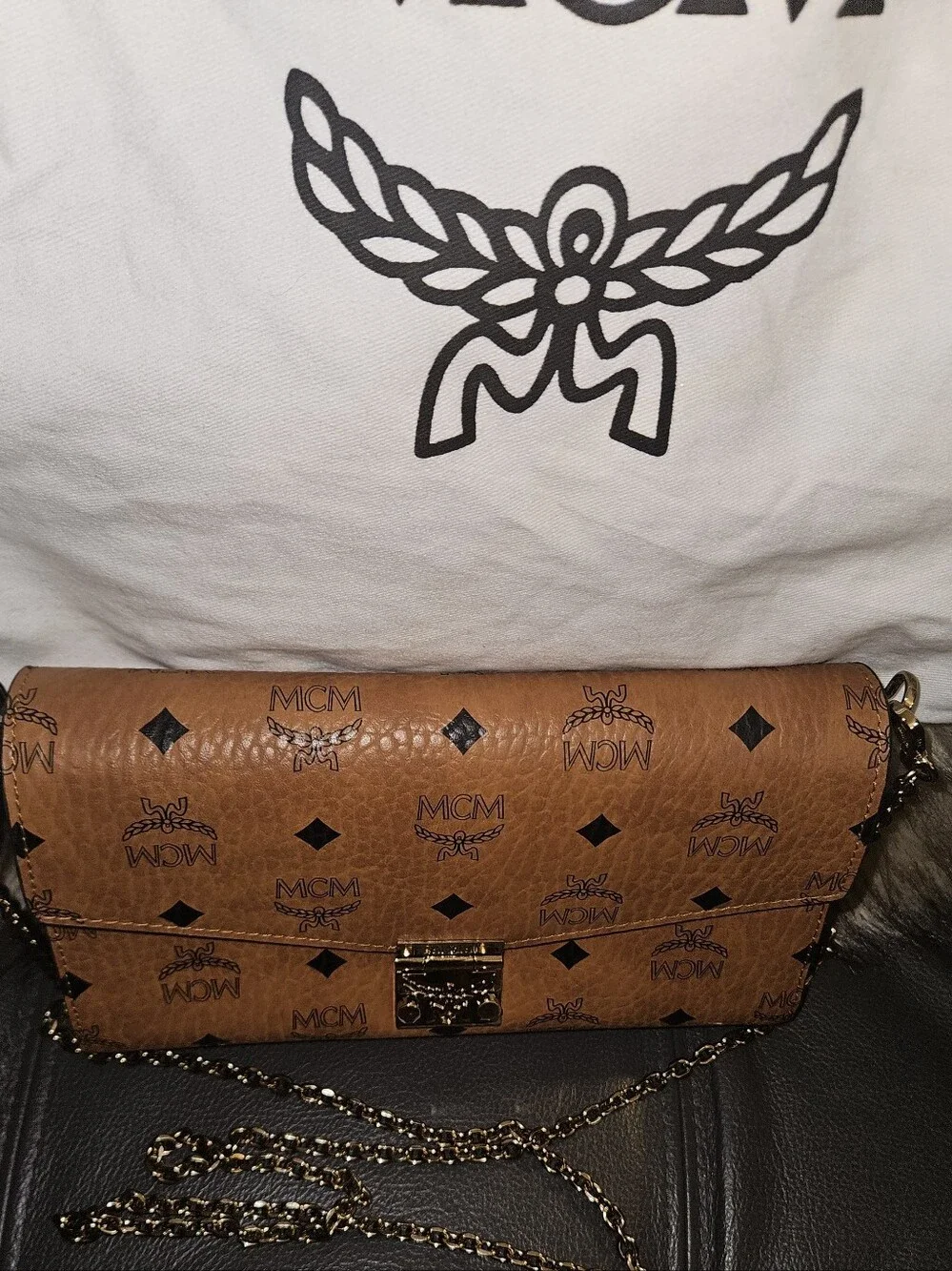 MCM Cognac Visetos Envelope Crossbody with Gold Hardware
